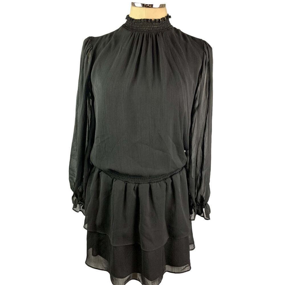 Small Express Black Blouson Sheer Long Sleeve Dress Collar